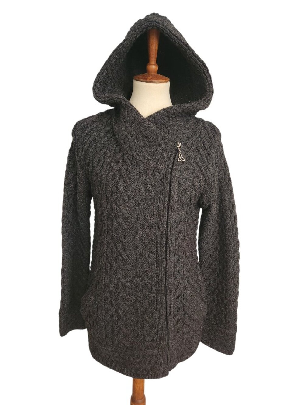 Aran Zip Up Sweater with Hood  Merino Wool Made in Ireland